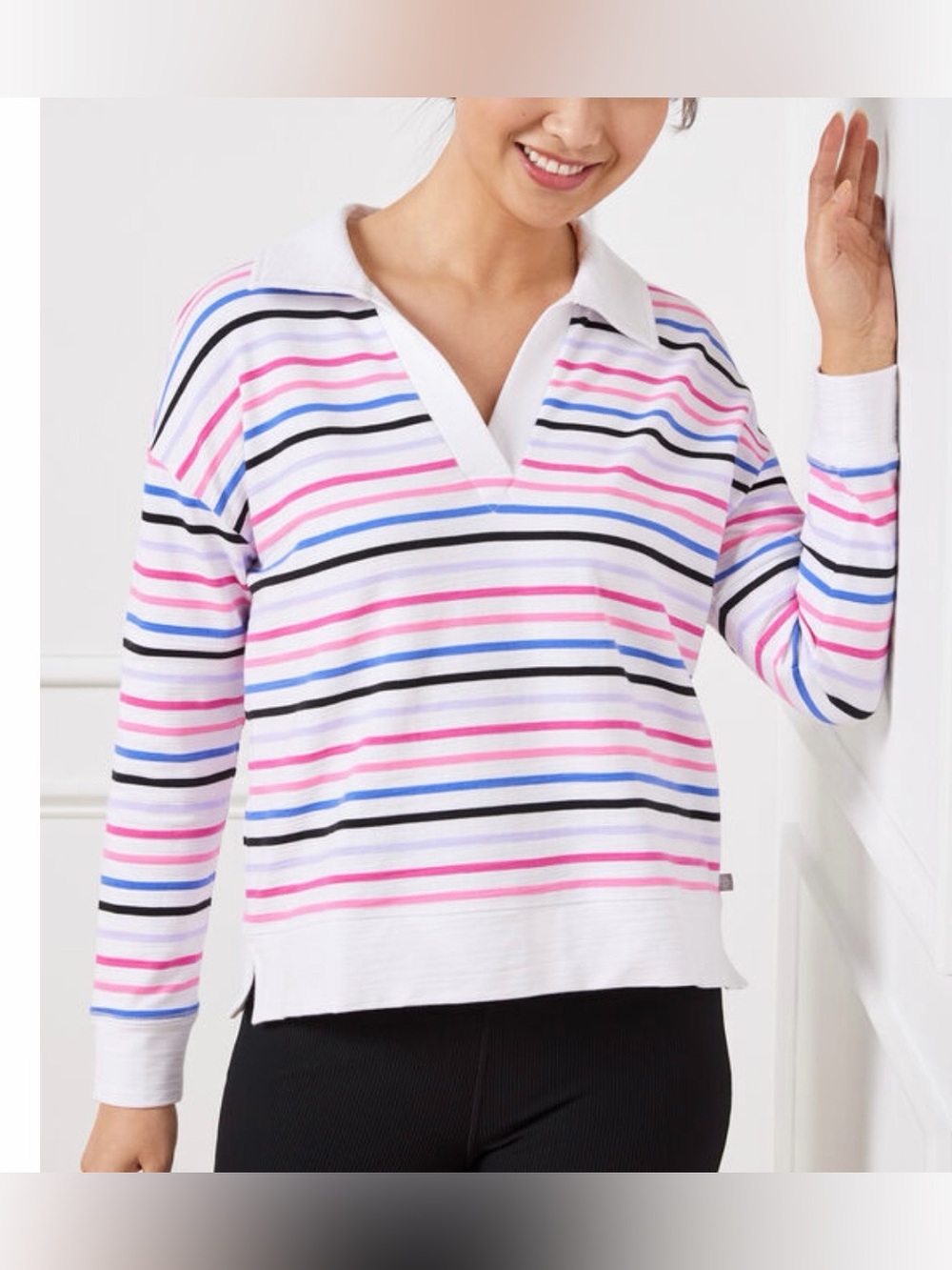 T By Talbots Cozy Crush Pullover UPF 50+ Game Stripe Pink Blue Johnny Collar L